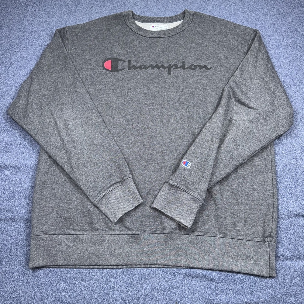 Champion Sweatshirt Mens XL Gray Script Logo Fleece Pullover Athletic Crewneck